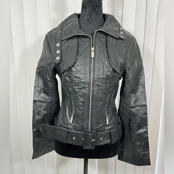BLANC NOIR Quilted Leather Moto Jacket Belted Zip Up Lined Buckles Black Size S - Picture 2 of 9